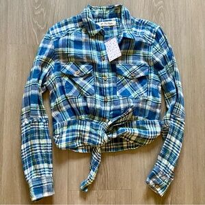 Free People Chambray Combo Plaid Shirt Cropped First Bloom Size S Blue NWT